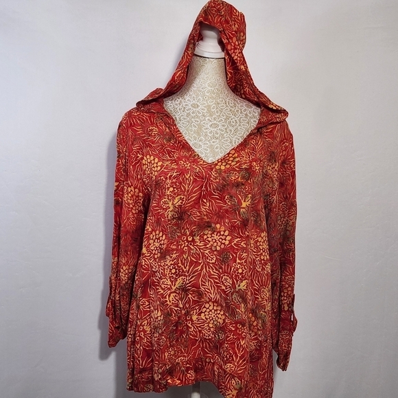 Soft Surroundings Women Orange Floral Print Hooded Pullover Roll Tab Sleeve PS - Picture 1 of 14